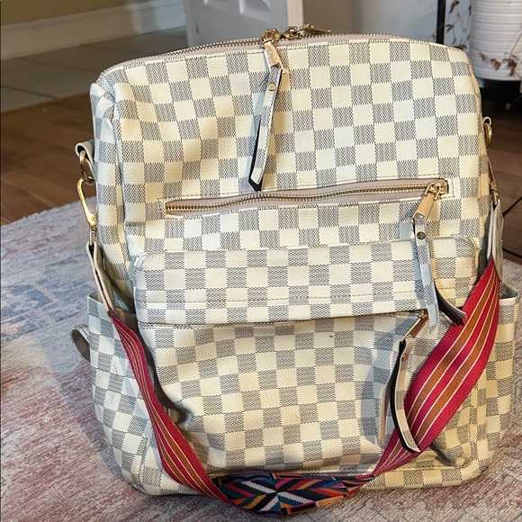 Cream Checkered Shoulder Bag with Multicolor Strap